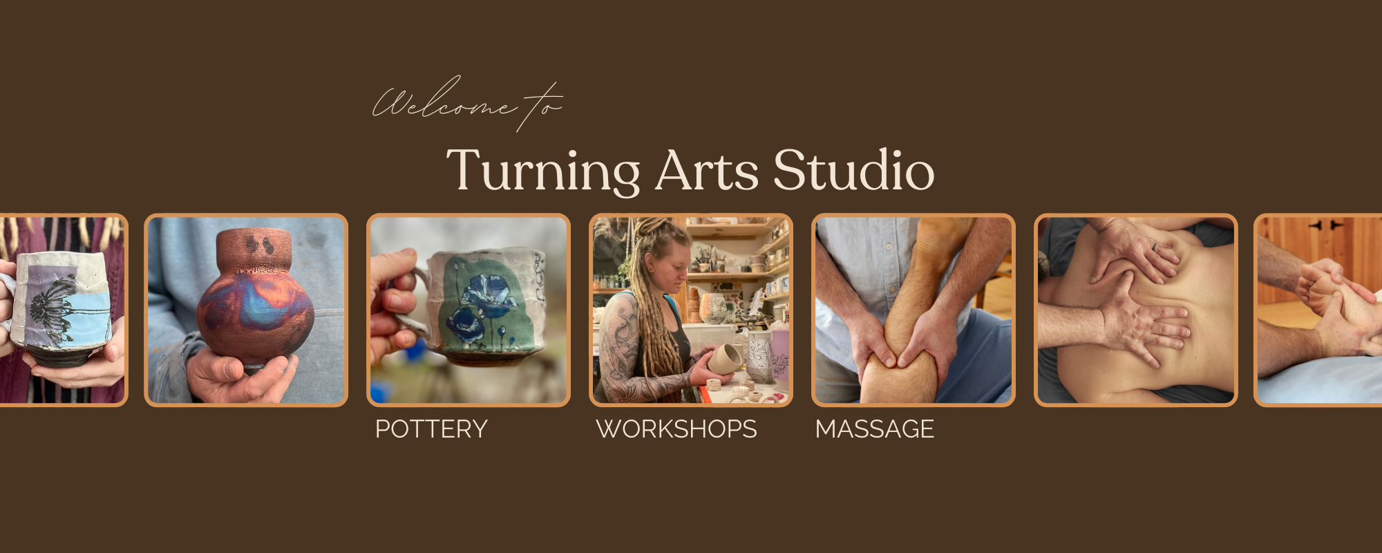 Promotional banner for Turning Arts Studio with images of pottery, workshops, and massage.