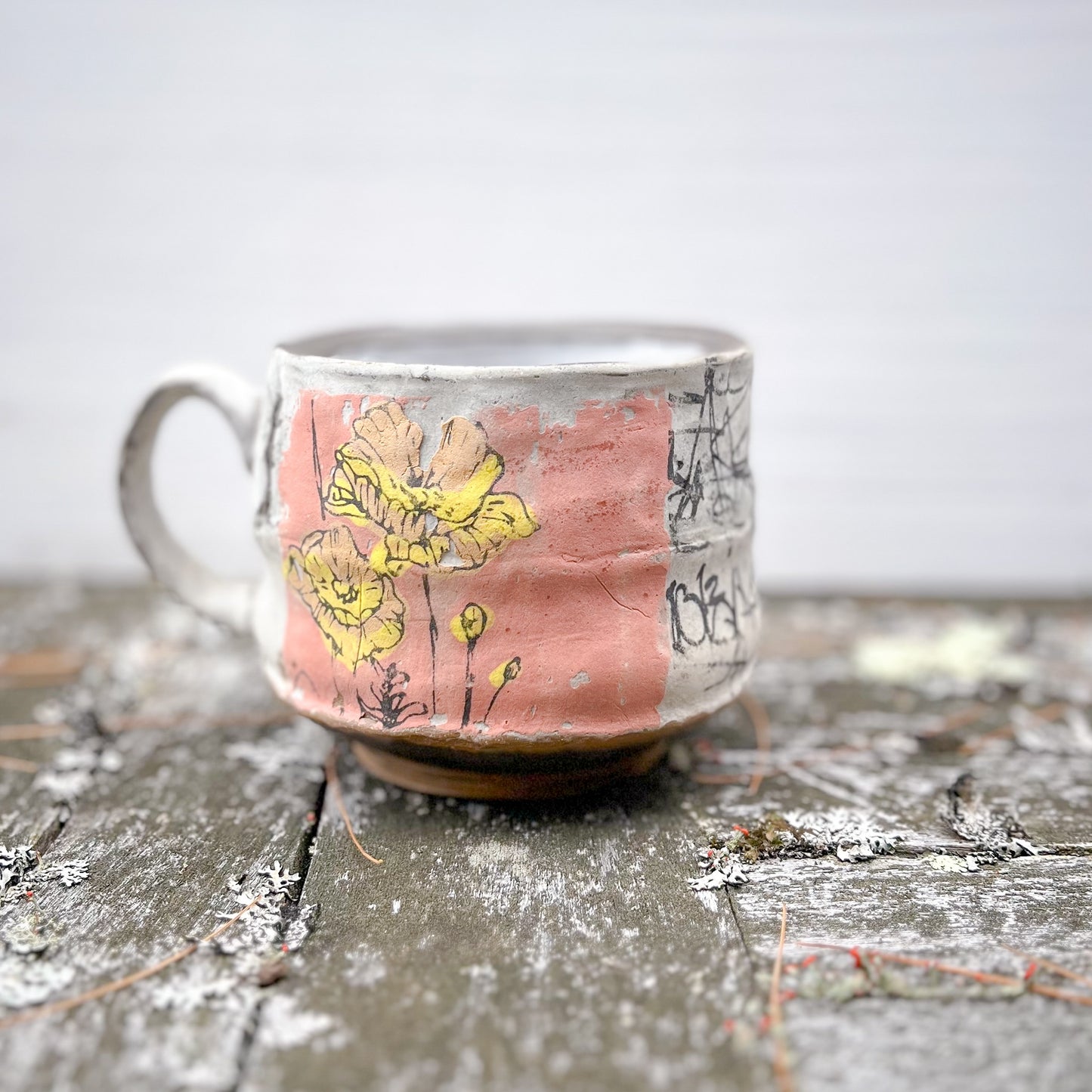 Handbuilt Mug - poppies with graffiti