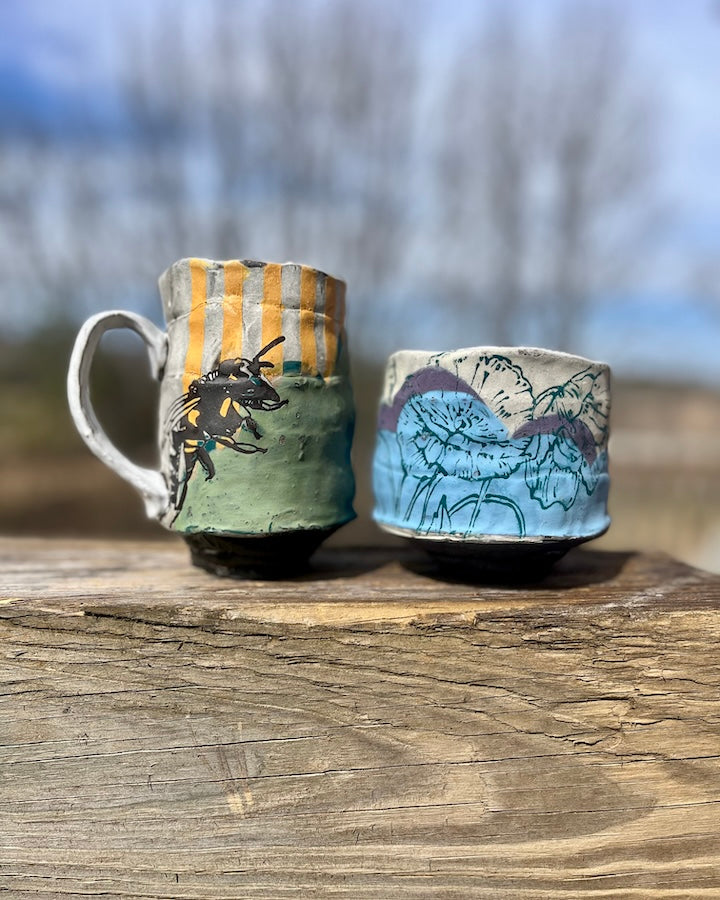 Two handmade ceramic cups crafted by Janna DeWan at Turning Arts Studio in midcoast Maine.
