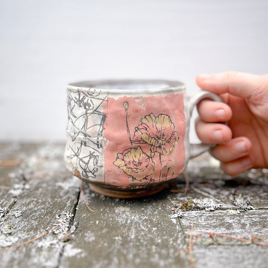 Handbuilt Mug - poppies with graffiti