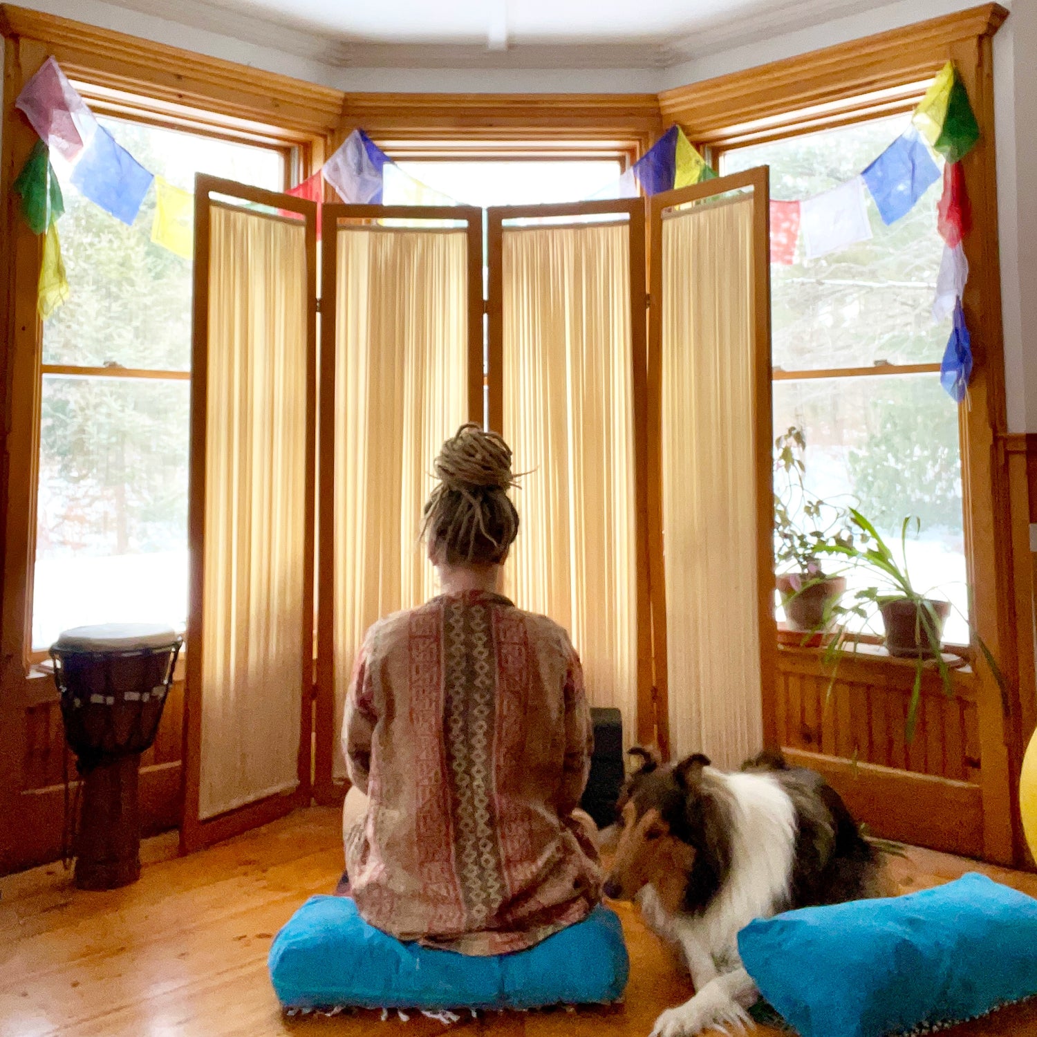 Janna DeWan meditating on a cushion with her collie beside her at Turning Arts Studio in Bowdoinham, Maine.