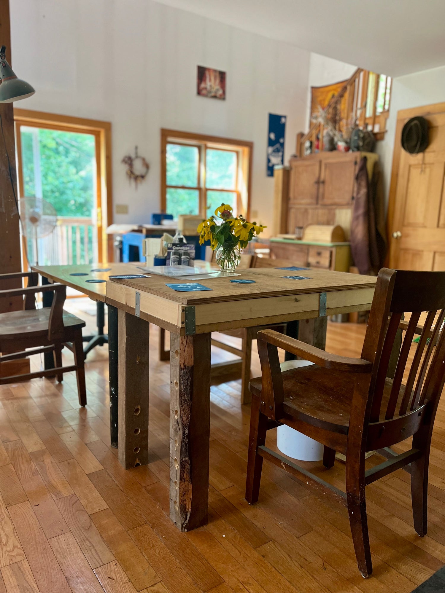 Workshop table in the pottery studio at Turning Arts Studio in Bowdoinham, Maine, ready for classes and private lessons.