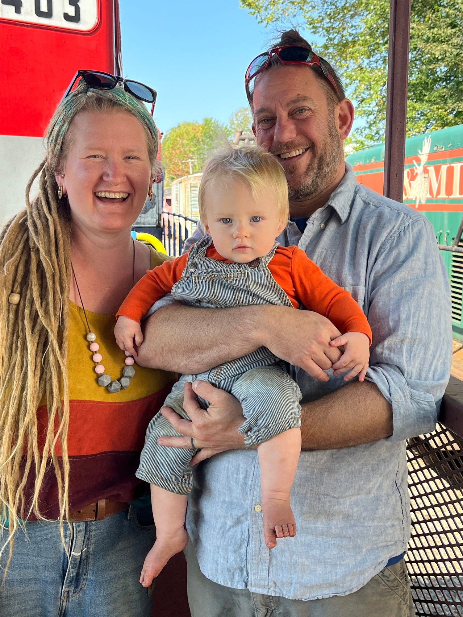 Janna DeWan and Zachary Fields with their son Oliver—family behind Turning Arts Studio in Bowdoinham, Maine.